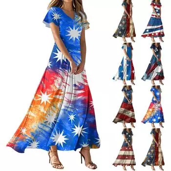 Женское повседневное платье с принтом флага Дня независимости, V-образным вырезом, короткими рукавами и высокой талией L синий