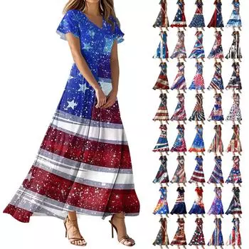 Женское повседневное платье с принтом флага Дня независимости, V-образным вырезом, короткими рукавами и высокой талией M винный