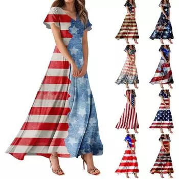 Женское повседневное платье с принтом флага Дня независимости, V-образным вырезом, короткими рукавами и высокой талией XL