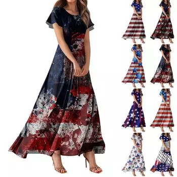 Женское повседневное платье с принтом флага Дня независимости и короткими рукавами с высокой талией M тёмно-синий