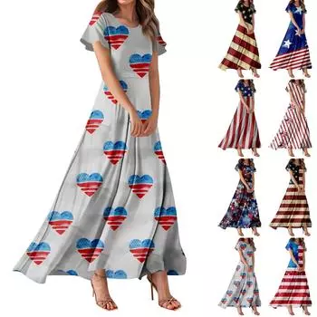 Женское повседневное платье с принтом флага Дня независимости и короткими рукавами с высокой талией XL тёмно-синий
