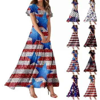 Женское повседневное платье с принтом флага Дня независимости, V-образным вырезом, короткими рукавами и высокой талией XXL
