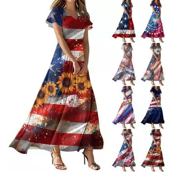 Женское повседневное платье с принтом флага Дня независимости, V-образным вырезом, короткими рукавами и высокой талией L синий