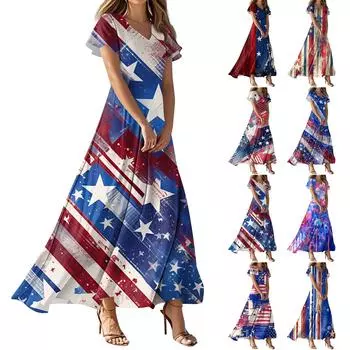 Женское повседневное платье с принтом флага Дня независимости, V-образным вырезом, короткими рукавами и высокой талией XL