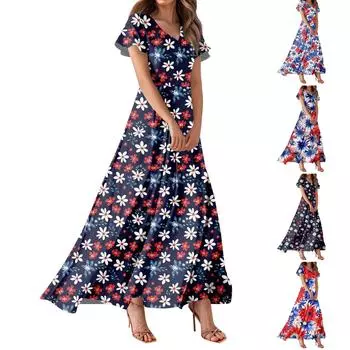 Женское повседневное платье с принтом флага Дня независимости, V-образным вырезом, короткими рукавами и высокой талией XXL