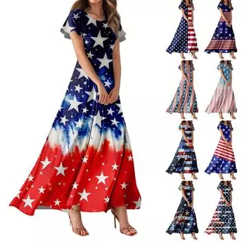 Женское повседневное платье с принтом флага Дня независимости и короткими рукавами с высокой талией L