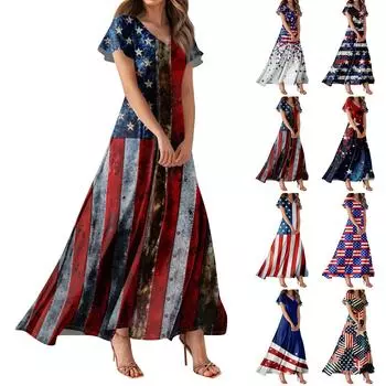 Женское повседневное платье с принтом флага Дня независимости, V-образным вырезом, короткими рукавами и высокой талией S