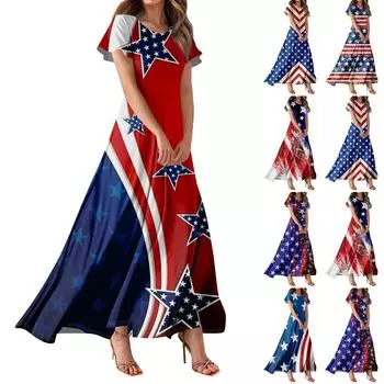 Женское повседневное платье с принтом флага Дня независимости и короткими рукавами с высокой талией M