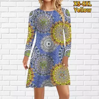 Женское повседневное платье с принтом «Калейдоскоп» Платья для женщин с круглым вырезом и коротким рукавом Платье размера плюс XS жёлтый