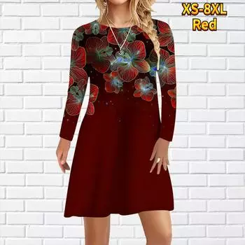 Женское повседневное платье с принтом камелии Платья для женщин с круглым вырезом и коротким рукавом Платье больших размеров XS красный