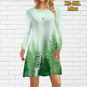 Женское повседневное платье с принтом леса Платья для женщин с круглым вырезом и коротким рукавом Платье больших размеров XS зелёный