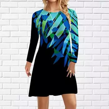 Женское повседневное платье с принтом листьев бамбука, осеннее синее, платья для женщин с круглым вырезом и коротким рукавом, платье больших размеров XS жёлтый