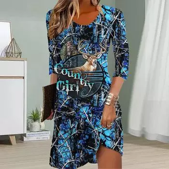 Женское повседневное платье с принтом лося и оленя, осенние платья для женщин с круглым вырезом и короткими рукавами, платье больших размеров XS синий