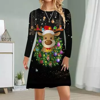 Женское повседневное платье с принтом лося и оленя, осенние платья для женщин с круглым вырезом и короткими рукавами, платье больших размеров XS красный