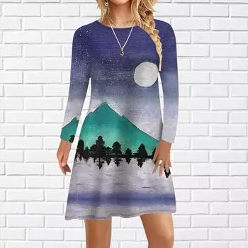 Женское повседневное платье с принтом «Луна, горы, деревья», платья для женщин с круглым вырезом и короткими рукавами, платье больших размеров XS зелёный