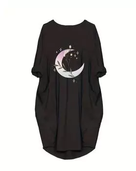 Женское повседневное платье с принтом «Луна» больших размеров, карманами и закатанными рукавами 1XL чёрный