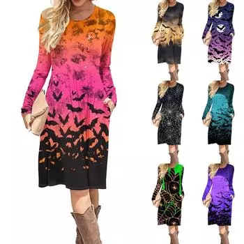 Женское повседневное платье с принтом на Хэллоуин, весна-осень, карман, круглый вырез, длинные рукава, платья L