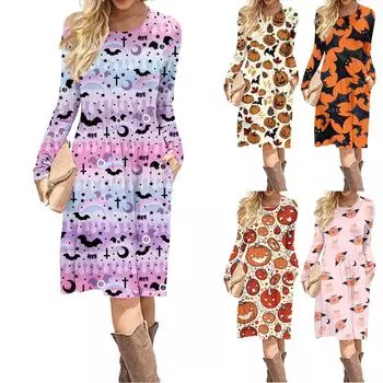 Женское повседневное платье с принтом на Хэллоуин, весна-осень, карман, круглый вырез, длинные рукава, платья S оранжевый