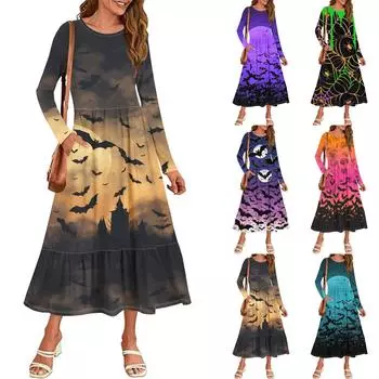 Женское повседневное платье с принтом на Хэллоуин, весна-осень, карман, круглый вырез, длинные рукава, платья XL