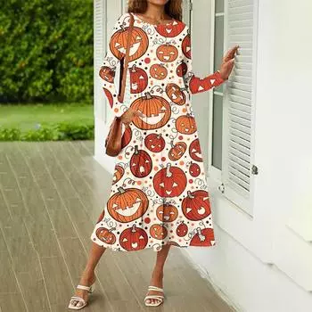 Женское повседневное платье с принтом на Хэллоуин, весна-осень, карман, круглый вырез, длинные рукава, платья XXXL красный