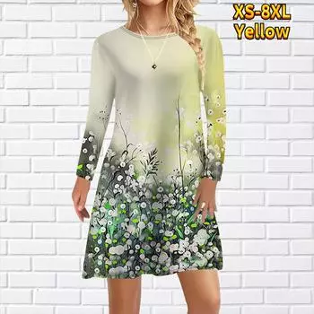Женское повседневное платье с принтом одуванчика Платья для женщин с круглым вырезом и коротким рукавом Платье размера плюс XS жёлтый