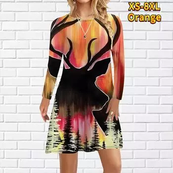 Женское повседневное платье с принтом оленя в лесу Платья для женщин с круглым вырезом и короткими рукавами Платье больших размеров XS жёлтый