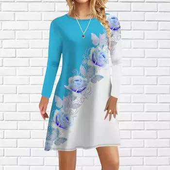 Женское повседневное платье с принтом осеннего синего персикового цвета, платья для женщин с круглым вырезом и короткими рукавами, платье больших размеров XS чёрный