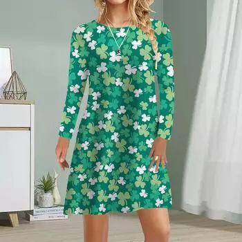 Женское повседневное платье с принтом осеннего клевера Платья для женщин с круглым вырезом и коротким рукавом Платье больших размеров XS чёрный