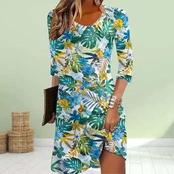 Женское повседневное платье с принтом осенних зеленых листьев, платья для женщин с круглым вырезом и коротким рукавом, платье больших размеров XS зелёный