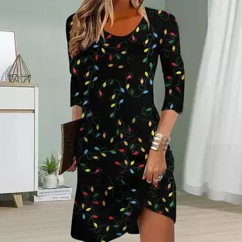 Женское повседневное платье с принтом осенних разноцветных листьев, платья для женщин с круглым вырезом и коротким рукавом, платье больших размеров XS чёрный