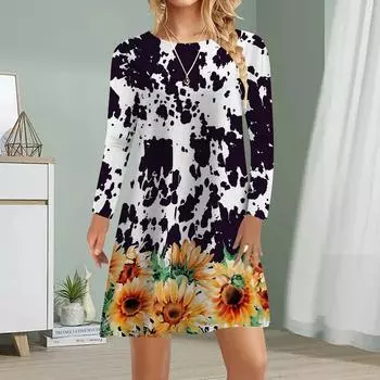 Женское повседневное платье с принтом осенних подсолнухов, платья для женщин с круглым вырезом и коротким рукавом, платье больших размеров XS чёрный