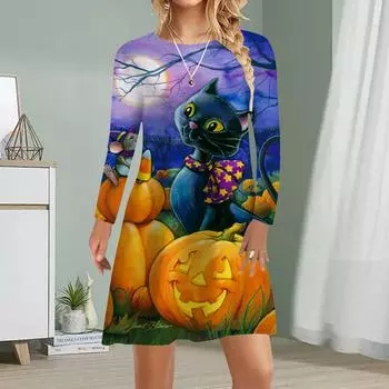 Женское повседневное платье с принтом «Осенний котенок» Платья для женщин с круглым вырезом и коротким рукавом Платье размера плюс XS чёрный