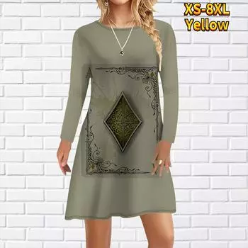 Женское повседневное платье с принтом покера Платья для женщин с круглым вырезом и коротким рукавом Платье размера плюс XS жёлтый