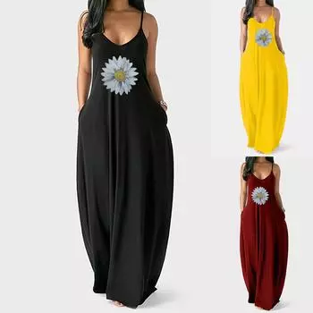 Женское повседневное платье с принтом ромашки большого размера, сексуальная длинная юбка с глубоким V-образным вырезом и повседневным платьем L