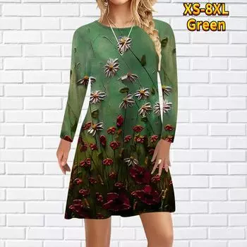 Женское повседневное платье с принтом ромашки Платья для женщин с круглым вырезом и коротким рукавом Платье больших размеров XS зелёный