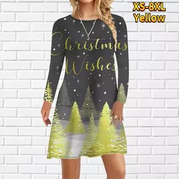 Женское повседневное платье с принтом рождественской елки и снега Платья для женщин с круглым вырезом и коротким рукавом Платье размера плюс XS жёлтый