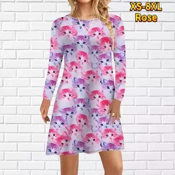 Женское повседневное платье с принтом Санта-Клауса и кота, платья для женщин с круглым вырезом и коротким рукавом, платье больших размеров XS красный