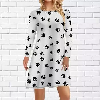 Женское повседневное платье с принтом следов животных Платья для женщин с круглым вырезом и коротким рукавом Платье размера плюс XS красный