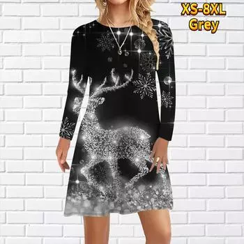 Женское повседневное платье с принтом снежинки и лося, платья для женщин с круглым вырезом и коротким рукавом, платье больших размеров XS красный