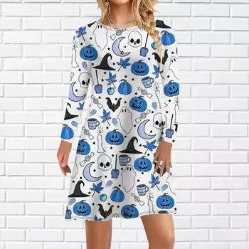 Женское повседневное платье с принтом тыквы на Хэллоуин Платья для женщин с круглым вырезом и коротким рукавом Платье размера плюс XS жёлтый