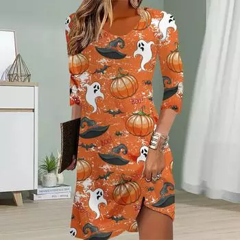 Женское повседневное платье с принтом тыквы на осень, платья для женщин с круглым вырезом и коротким рукавом, платье больших размеров XS чёрный