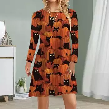 Женское повседневное платье с принтом тыквы на осень, платья для женщин с круглым вырезом и коротким рукавом, платье больших размеров XS чёрный