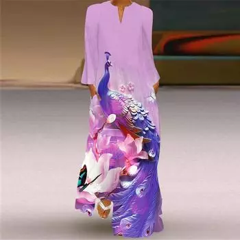 Женское повседневное платье с принтом, V-образным вырезом и длинными рукавами XL фиолетовый