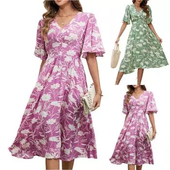 Женское повседневное платье с принтом, V-образным вырезом и короткими рукавами, пляжная юбка в стиле бохо, пляжная юбка M