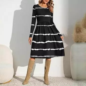 Женское повседневное платье с принтом в виде градиента и пайеток, весна-осень, карман, круглый вырез, длинные рукава, платья L чёрный