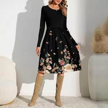 Женское повседневное платье с принтом в виде градиента и пайеток, весна-осень, карман, круглый вырез, длинные рукава, платья L чёрный