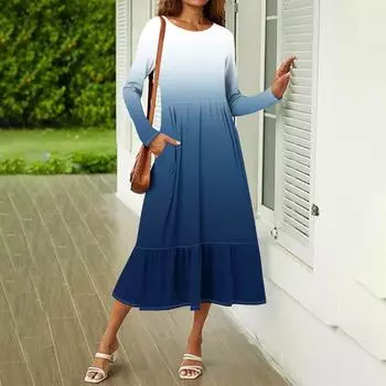 Женское повседневное платье с принтом в виде градиента и пайеток, весна-осень, карман, круглый вырез, длинные рукава, платья L синий