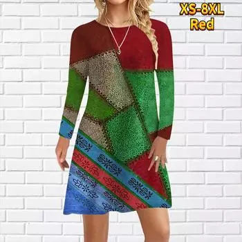 Женское повседневное платье с принтом в виде блоков, платья для женщин с круглым вырезом и коротким рукавом, платье больших размеров XS красный