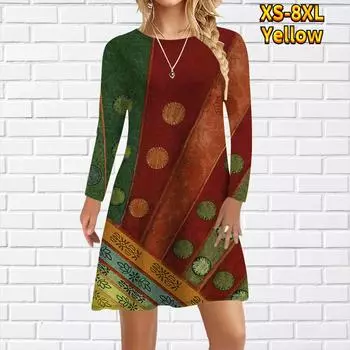 Женское повседневное платье с принтом в полоску и точками, платья для женщин с круглым вырезом и коротким рукавом, платье больших размеров XS жёлтый