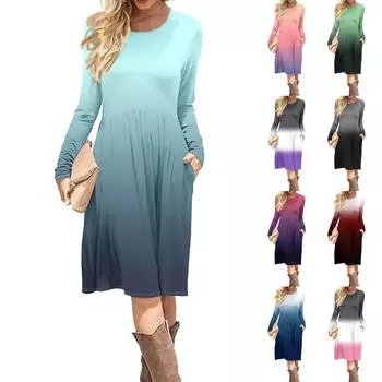 Женское повседневное платье с принтом в виде градиента и пайеток, весна-осень, карман, круглый вырез, длинные рукава, платья S